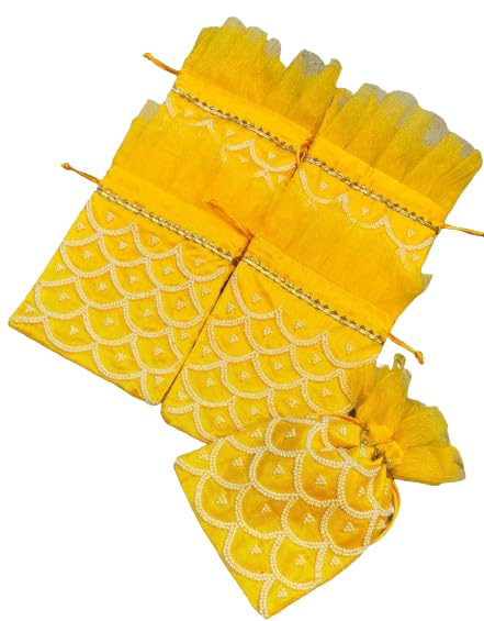 Handmade pearl give away potli with pearl design set of 10 pieces for diwali/return gifts/housewarming, color : yellow